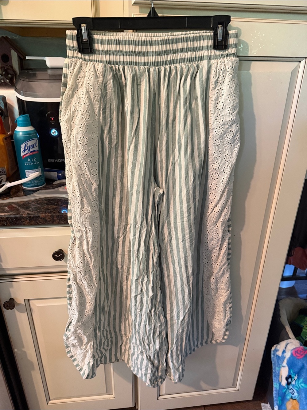 BKE Mint Stripe Wide Leg Pants with White Eyelet Side Panels